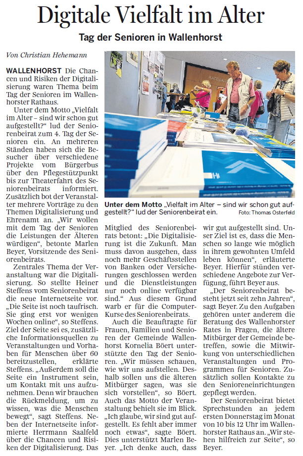 Zeitungsartikel | Quelle: Neue Osnabrücker Zeitung / Ausgabe Wallenhorst / vom 08.10.2018. Autor: Christian Hehemann, Fotograf: Thomas Osterfeld.